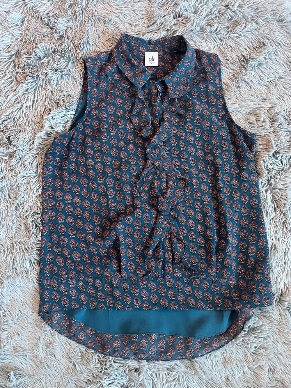 CAbi Teal & Rust Sleeveless Ruffle Tie Neck Camisole
